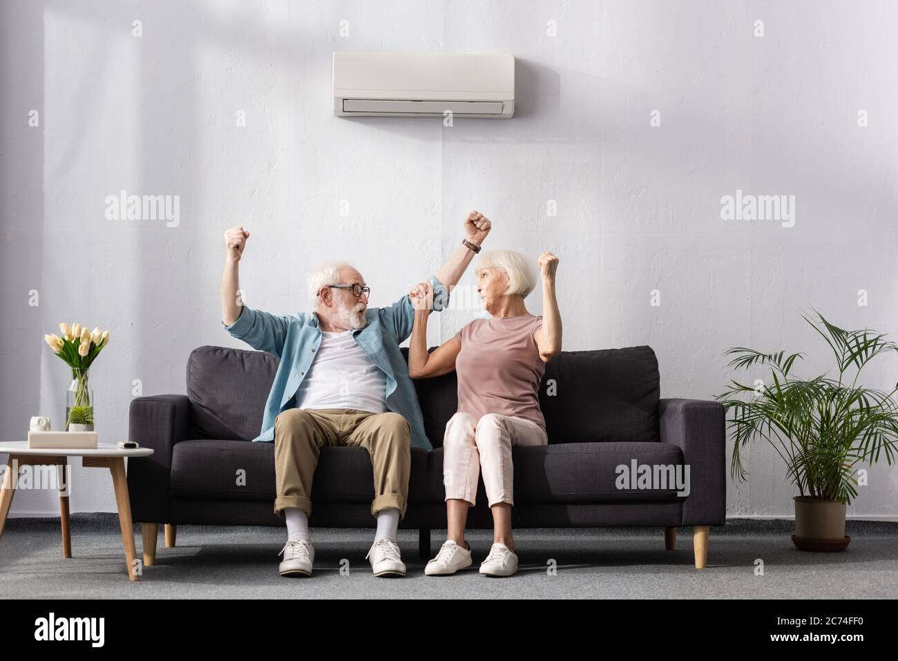 Aufgeregt ältere Paar zeigt yeah Geste unter Klimaanlage zu Hause Stockfoto