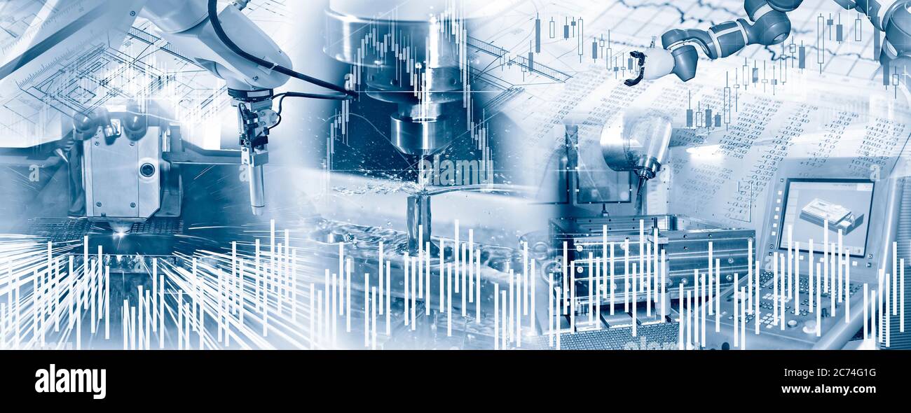 Produktion mit CNC-Maschine, Bohren, Schweißen, Roboterarm und Bauzeichnung in Industrieanlagen und Symbole des Finanzmarktes. Stockfoto