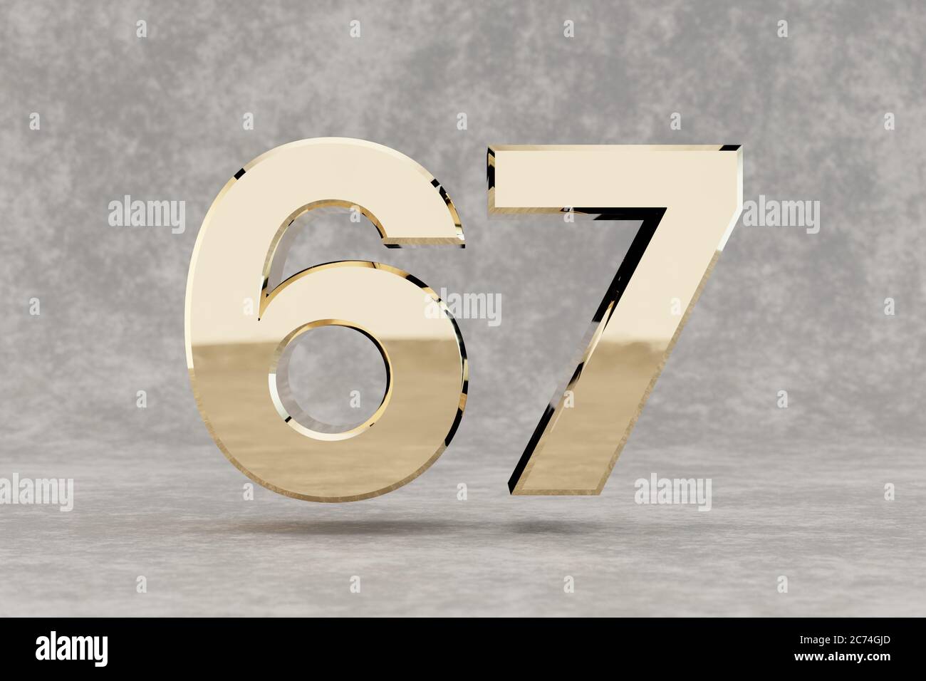 Gold 3d-Zahl 67. Glänzende goldene Zahl auf betontem Hintergrund. Metallische Ziffer mit Lichtreflexionen im Studio. 3d-Rendering. Stockfoto