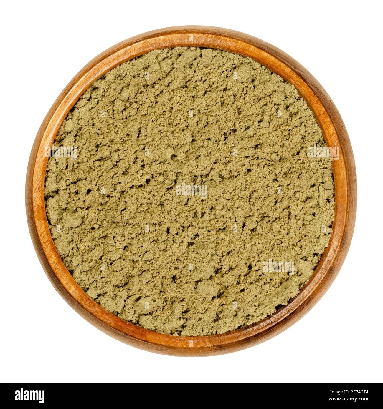 Hanf-Protein-Pulver in Holzschale. Gemahlene Samen von Cannabis sativa. Glutenfreies Nahrungsergänzungsmittel für Sportler. Eine Alternative zu Molkenprotein. Stockfoto