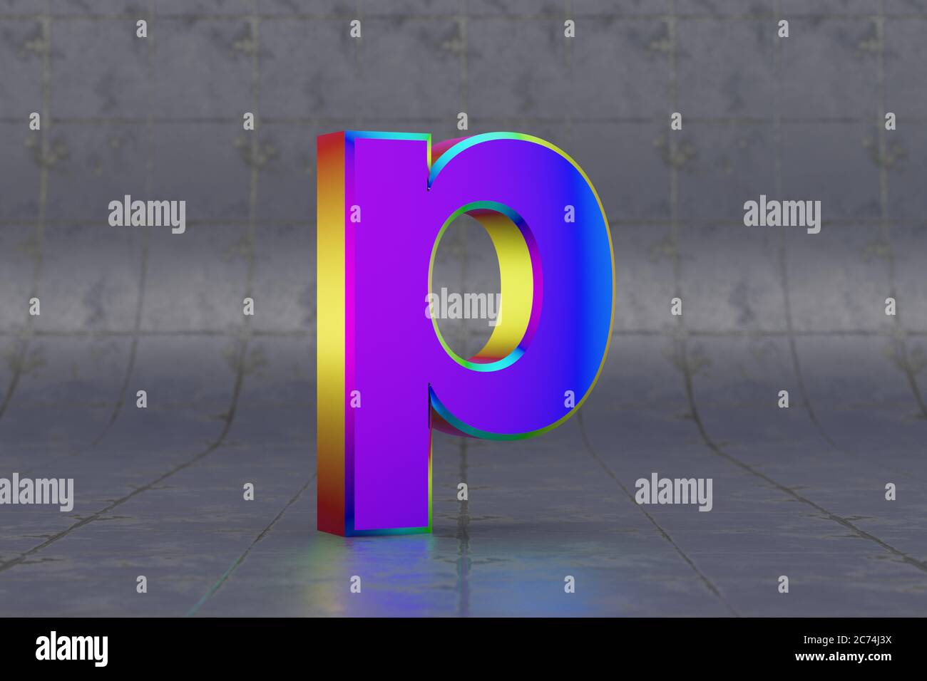 Mehrfarbiger 3d-Buchstabe P Kleinbuchstaben. Glänzend schillernder Buchstabe auf Fliesenhintergrund. Metallic Alphabet mit Studio-Lichtreflexionen. 3d-gerendertes Schriftartzeichen. Stockfoto