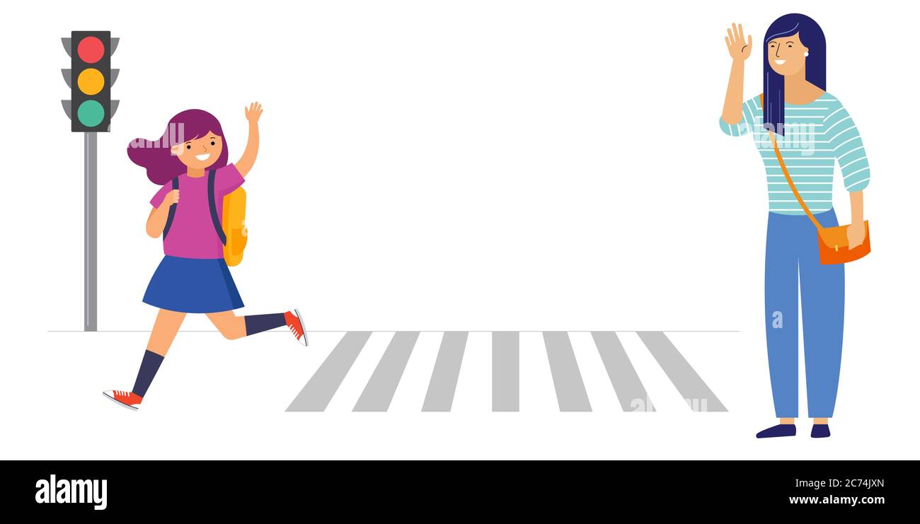 Schulmädchen, die auf dem Weg zur Schule eine Straße überquert, Mutter verabschiedet sich. Sicheres Überqueren der Straße Konzeptdarstellung. Stock Vektor