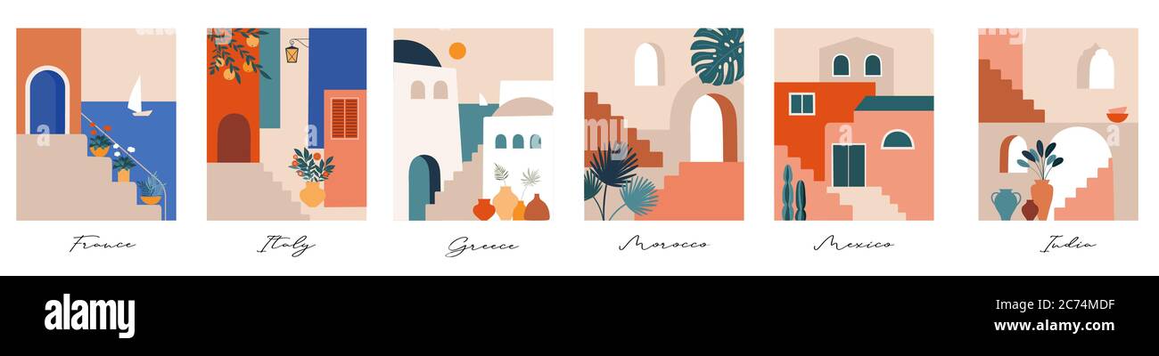 Abstrakte Orte, Dörfer, kleine Straßen, alte Städte in Marokko, Mexiko, Griechenland und Italien in Pastellfarben. Vektorgrafiken und Design Stock Vektor