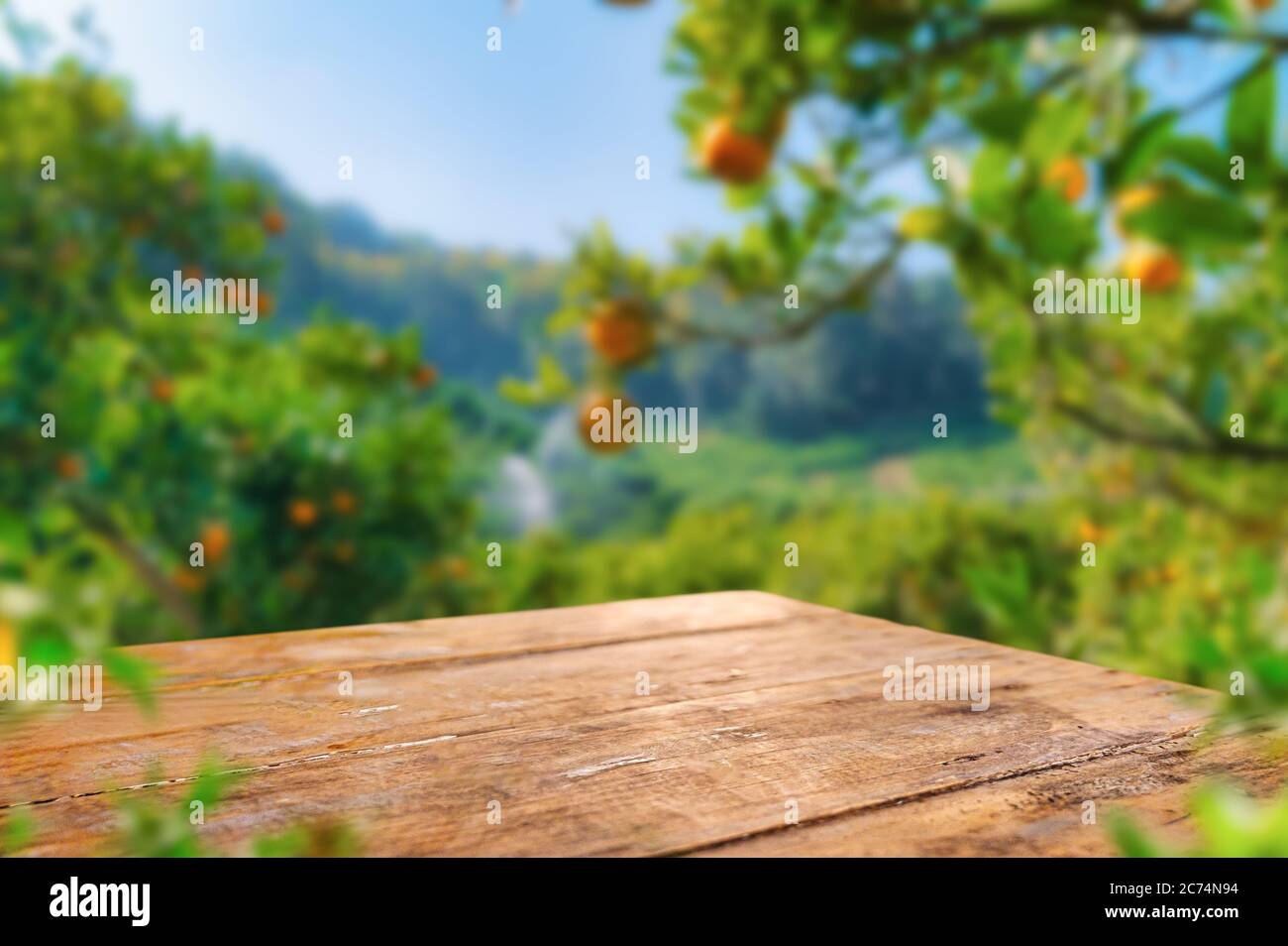 Leerer Holztisch mit freiem Platz über orangefarbenen Bäumen, orangefarbenem Feldhintergrund. Für die Montage der Produktanzeige Stockfoto