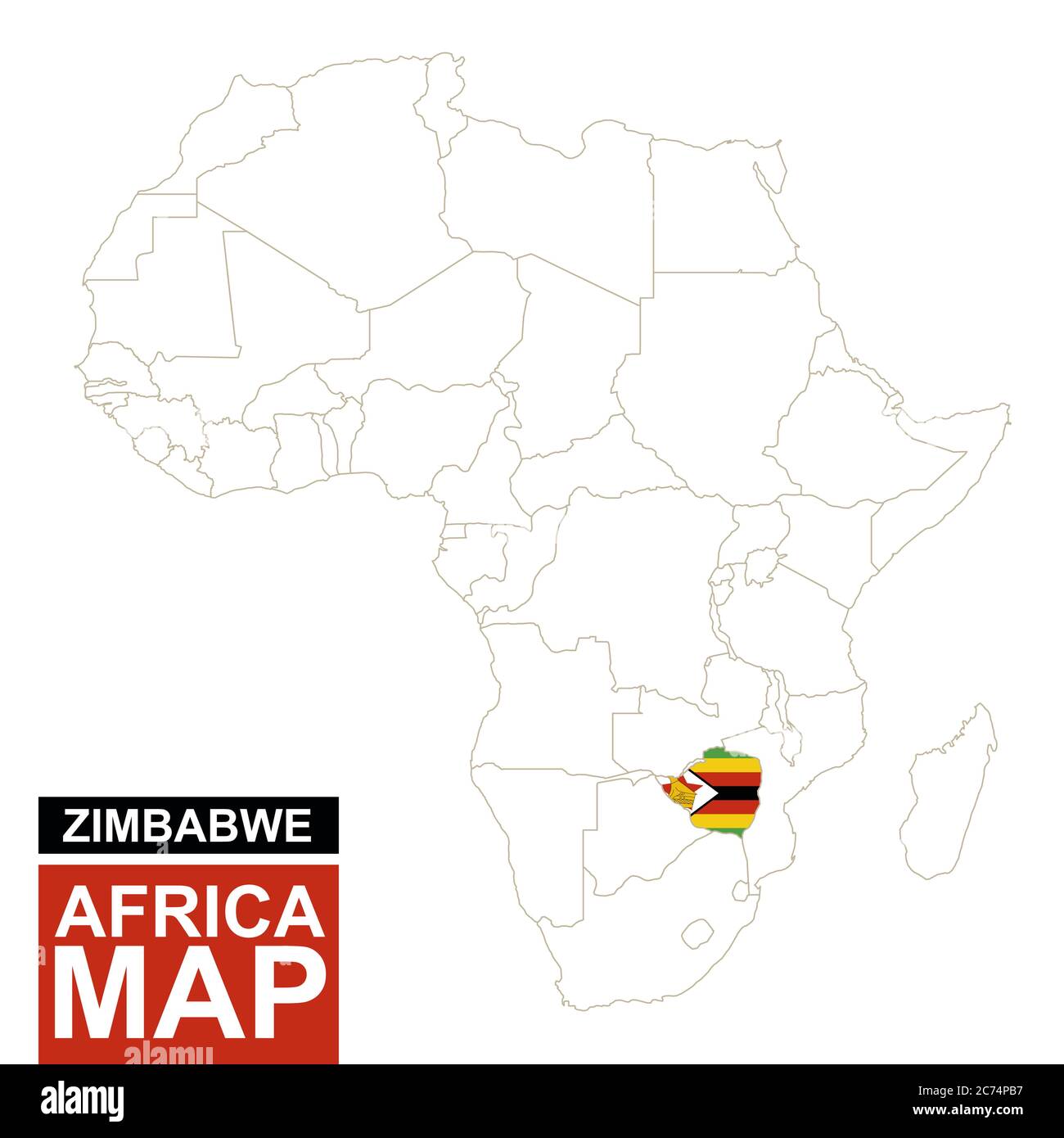 Afrika konturierte Karte mit hervorgehobenen Simbabwe. Simbabwe Karte und Flagge auf Afrika Karte. Vektorgrafik. Stock Vektor