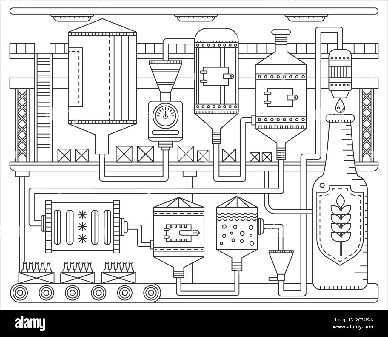 Produktionsprozess der Bierbrauerei. Line Fabrik Bier Hintergrund. Vektordarstellung für Liniendarstellung der Kontur Stock Vektor