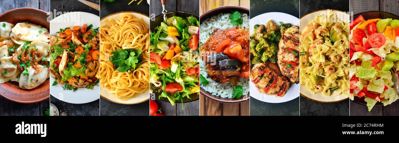 Collage von verschiedenen Lebensmitteln. Fleisch- und Gemüsegerichte. Menü. Essen auf den Tellern. Stockfoto