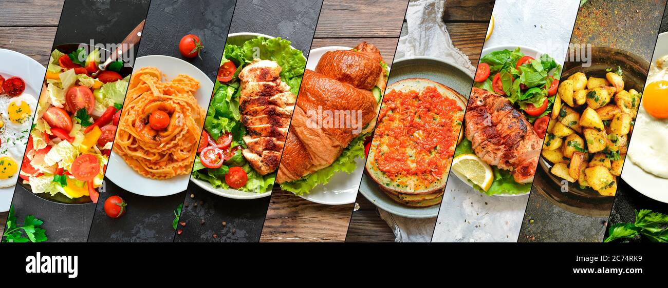 Collage von verschiedenen Lebensmitteln. Fleisch- und Gemüsegerichte. Menü. Essen auf den Tellern. Stockfoto