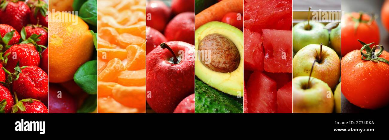 Collage von verschiedenen Lebensmitteln. Gemüse und Obst. Frische Vitamine, Tomaten und Äpfel, Erdbeeren, Avocados, Zitrusfrüchte, Wassermelone. Stockfoto