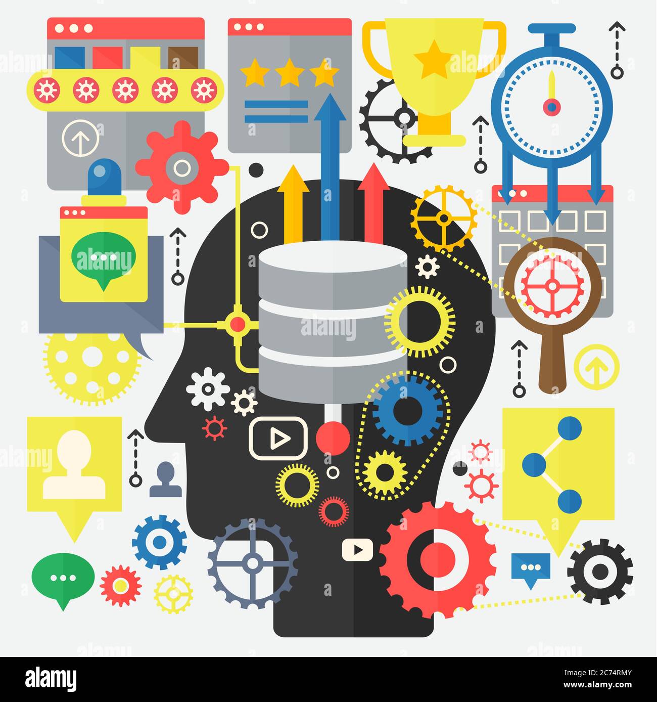 SEO-Optimierung, Web-Entwicklung und Cloud Computing-Technologie Konzept auf dem Kopf Silhouette Hintergrund Stock Vektor