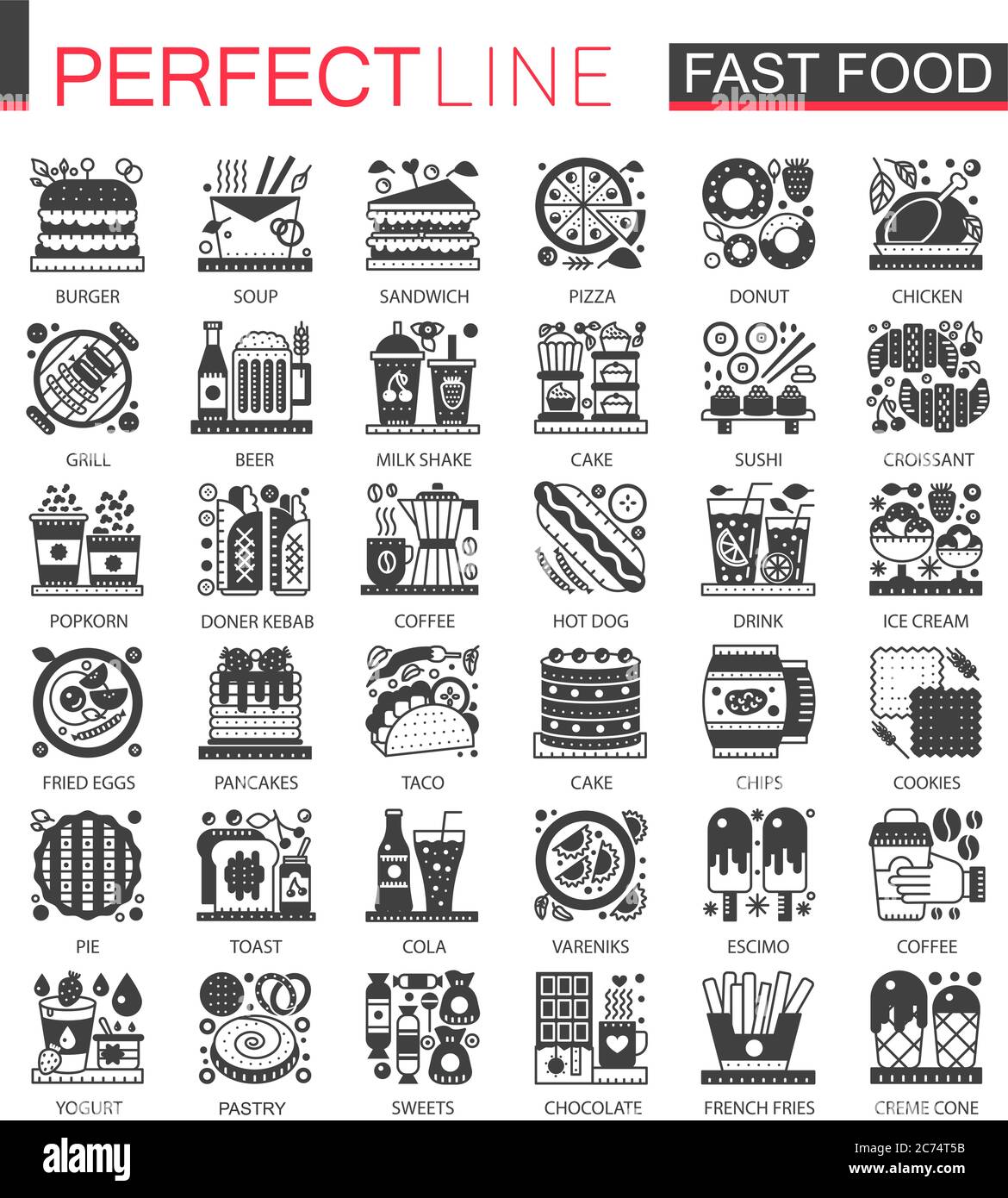 Fast Food klassische schwarze Mini-Konzept-Symbole. Moderne Icon Piktogramm Vektor Illustrationen Set Stock Vektor