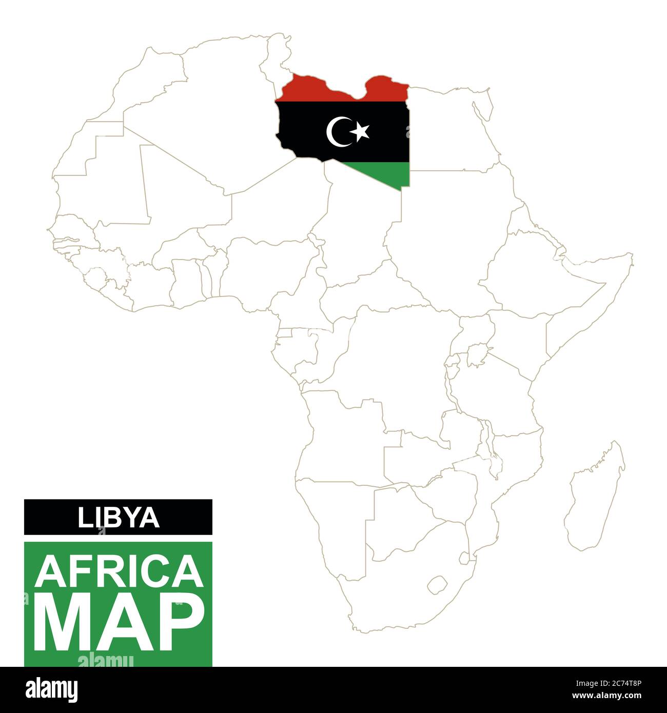 Afrika konturierte Karte mit hervorgehobenen Libyen. Libyen Karte und Flagge auf Afrika Karte. Vektorgrafik. Stock Vektor