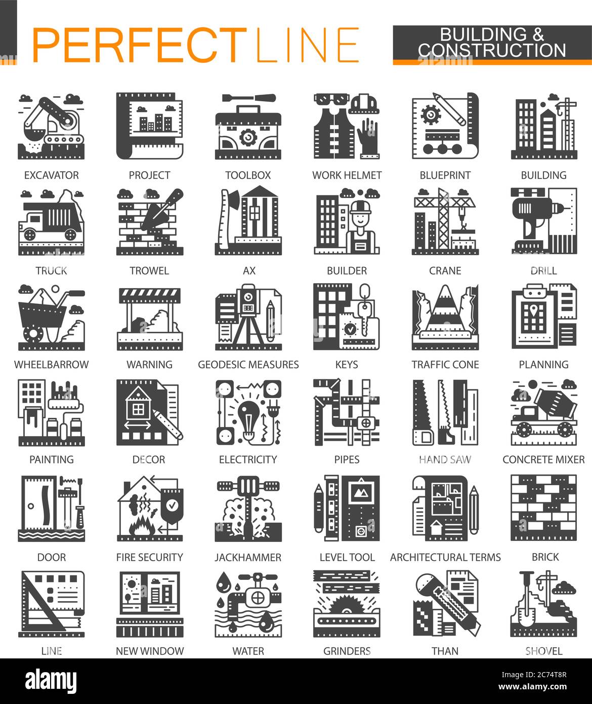 Bau-, Bau-und Hausreparaturwerkzeuge klassischen schwarzen Mini-Konzept Symbole. Vektor modernes Icon Piktogramm Illustrationen Set Stock Vektor