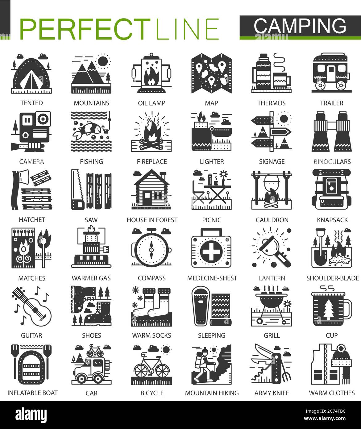 Sommer Camping klassischen schwarzen Mini-Konzept Symbole. Vektor Wandern moderne Ikone Piktogramm Illustrationen Set Stock Vektor