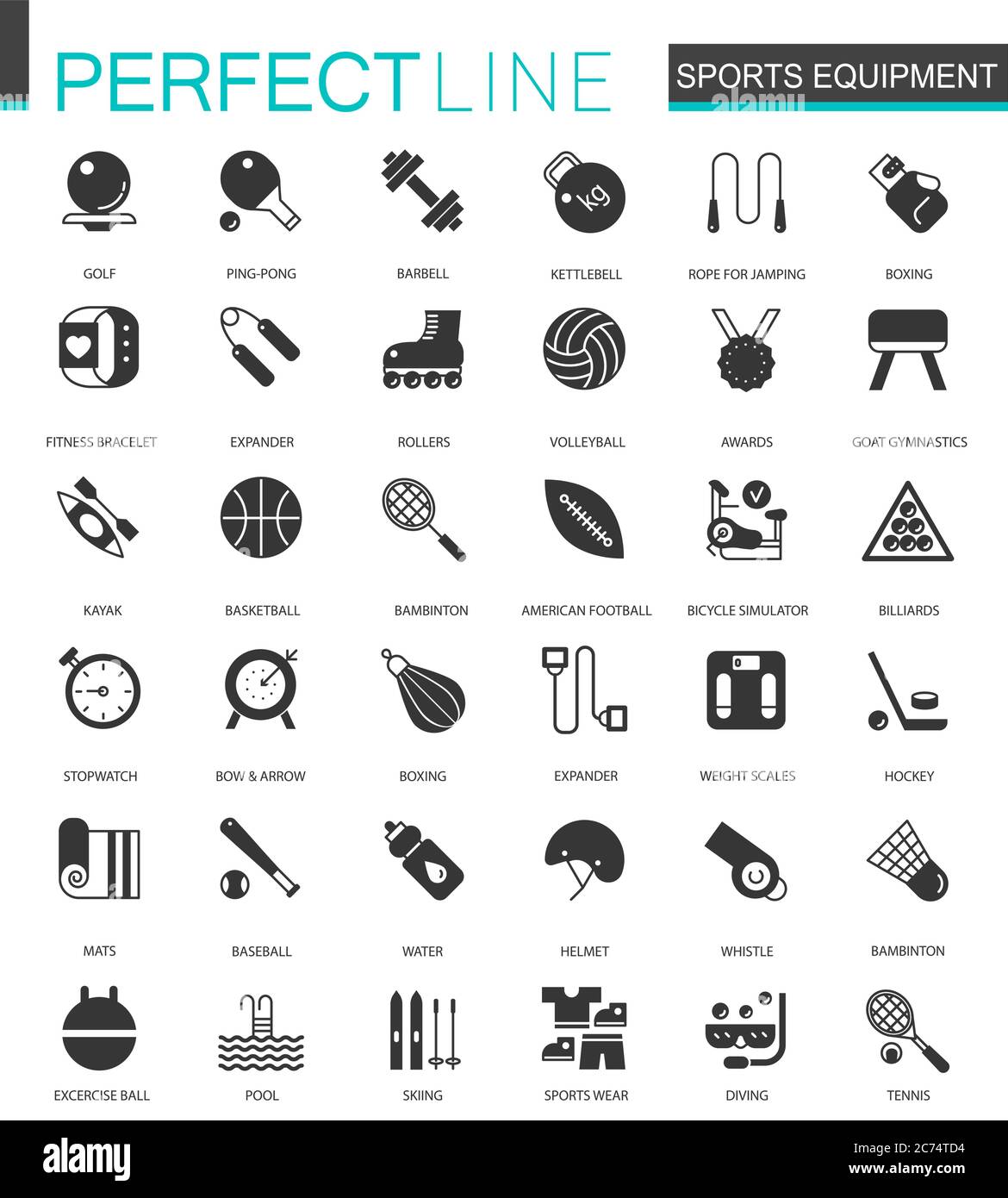 Schwarz klassische Sportausrüstung Symbole für Web isoliert gesetzt Stock Vektor