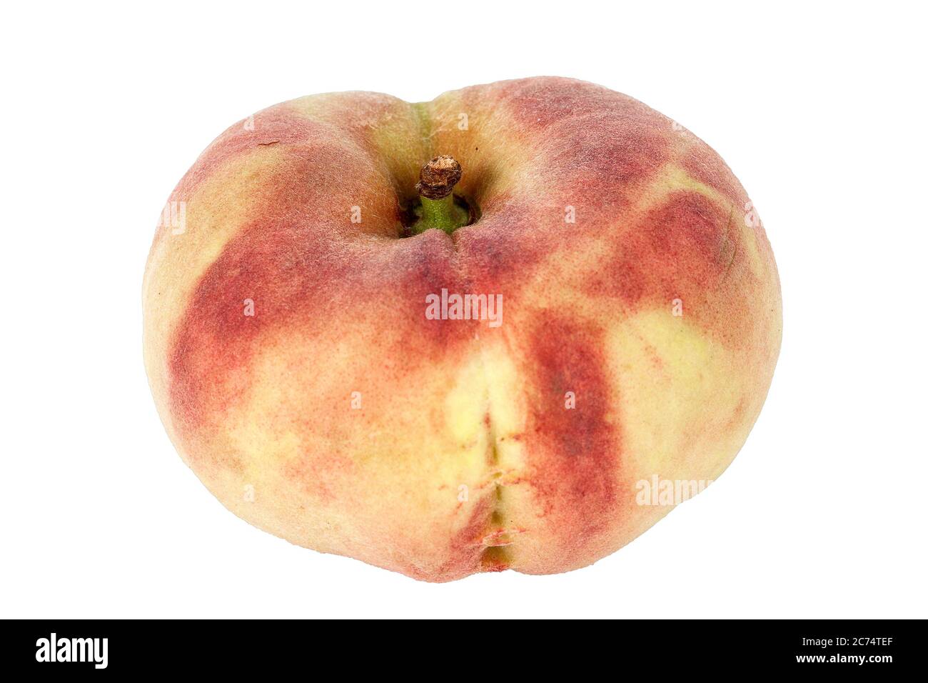 Saturn Pfirsich flache Pfirsiche auch bekannt Donut Pfirsiche isoliert auf einem weißen Hintergrund Stockfoto
