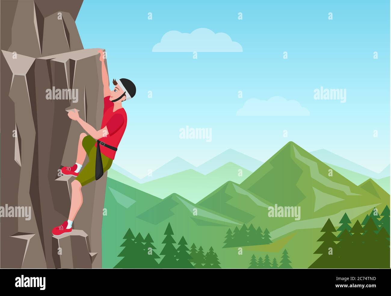 Kletterer Mann. Männchen auf dem Felsen. Extreme Outdoor-Sportarten. Vektorgrafik Stock Vektor