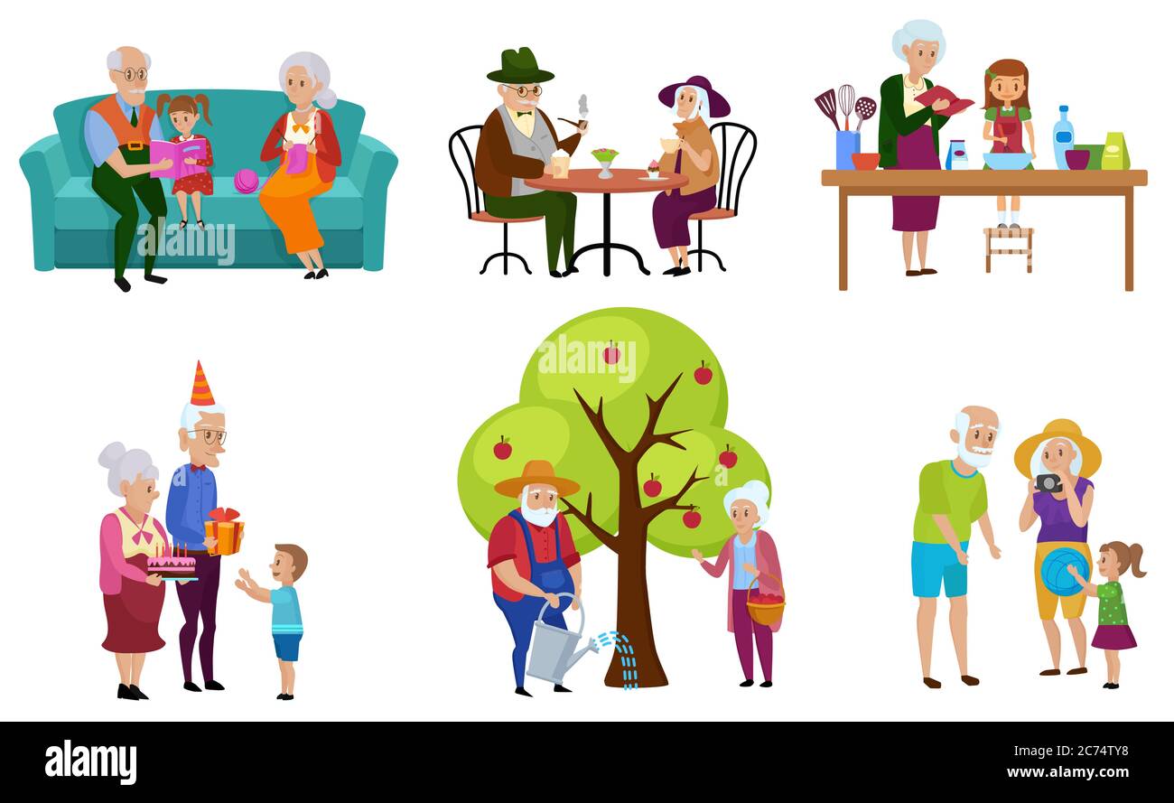 Satz von isolierten älteren Menschen und ihre Enkel Charaktere tun Aktivitäten Vektor Illustration Stock Vektor