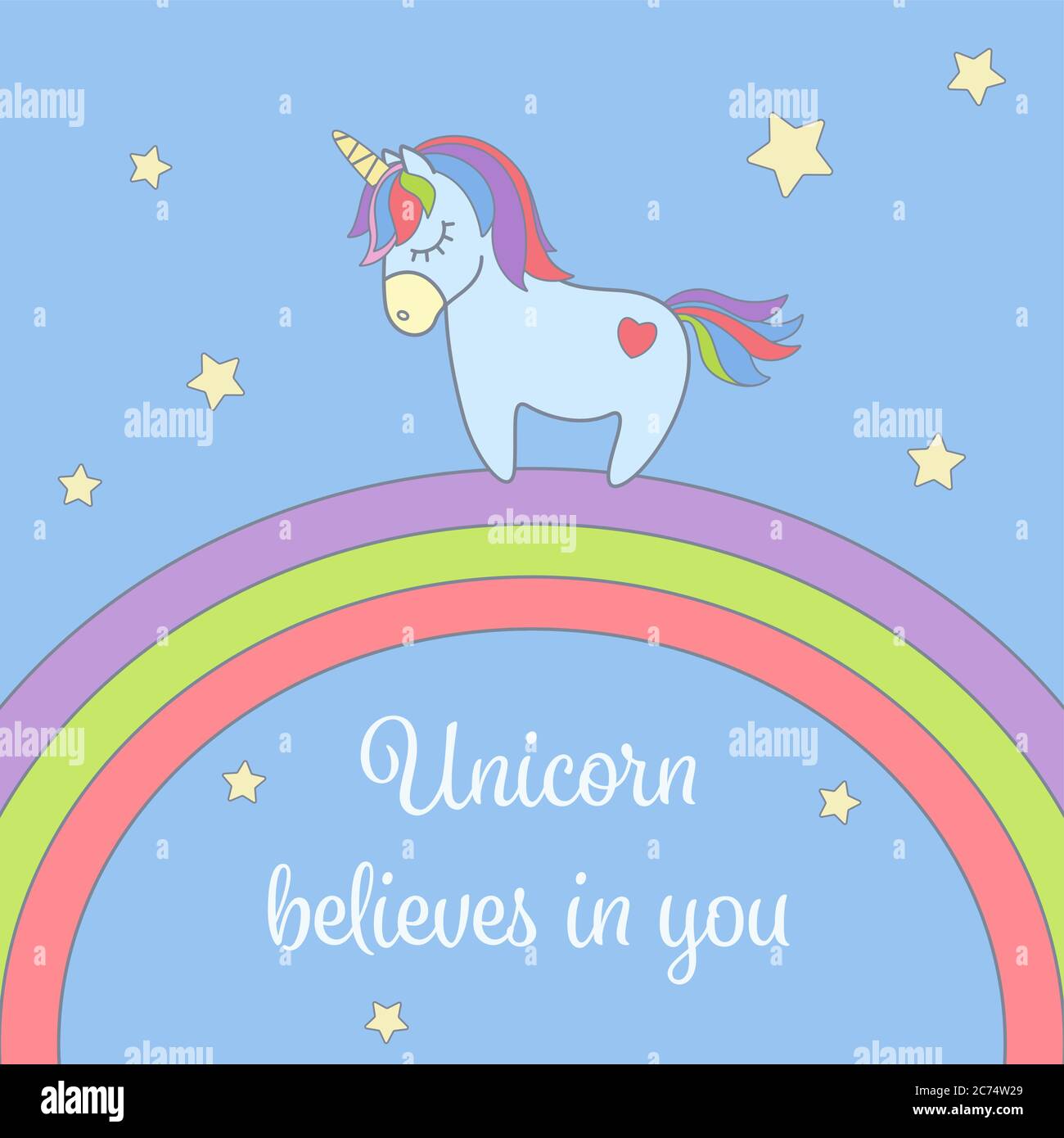 Niedliches Einhorn und Regenbogen mit Sternen Grußkarte. Magisches