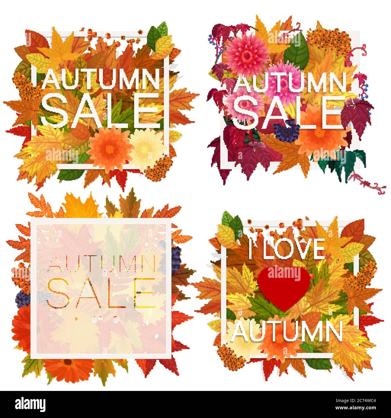 Set von realistischen Herbst Verkauf Ankündigung in Rahmen mit hellen Laub Blätter und Blumen Stock Vektor