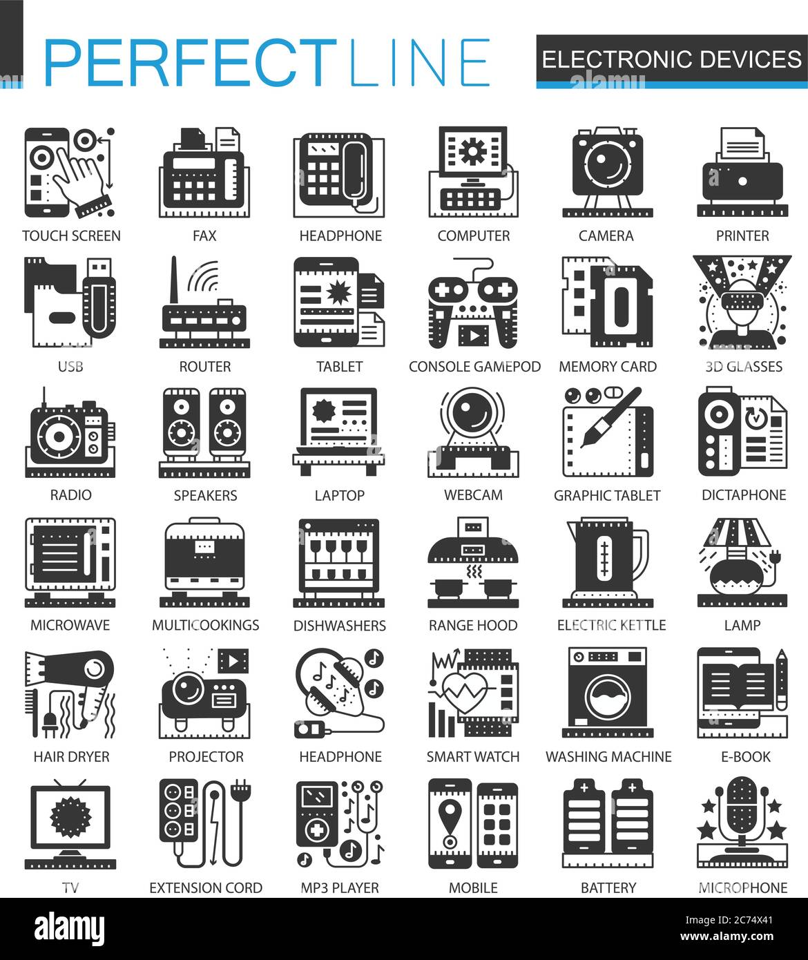 Elektronische Geräte klassisch schwarz Mini-Konzept Symbole. Vektor Gadgets moderne Symbol Piktogramm Illustrationen Set Stock Vektor