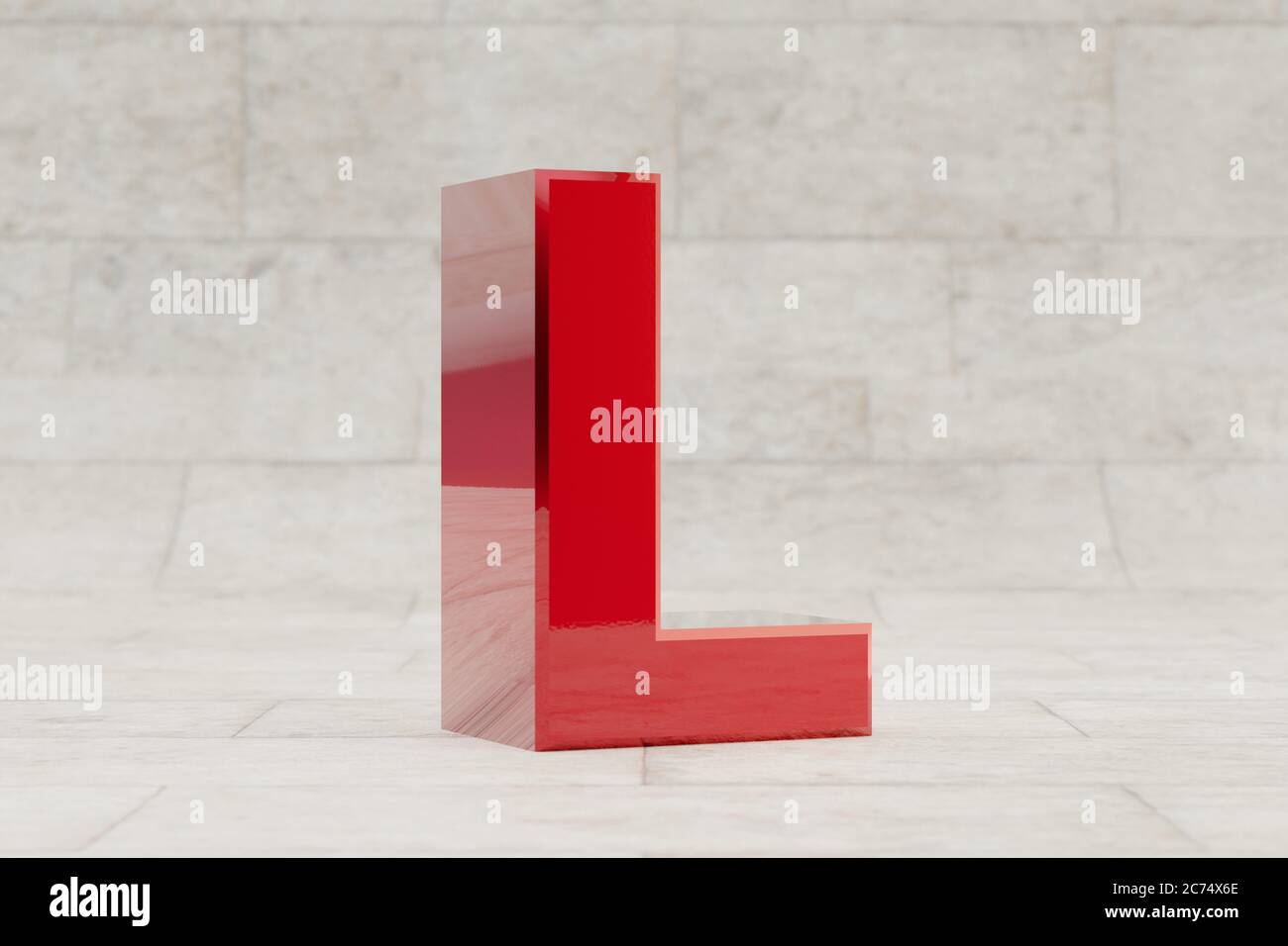 Roter 3d-Buchstabe L Großbuchstaben. Glänzend rot metallic Buchstaben auf Stein Fliesen Hintergrund. Glänzendes Metall-Alphabet mit Studio-Lichtreflexionen. 3d-gerendertes Schriftartzeichen. Stockfoto