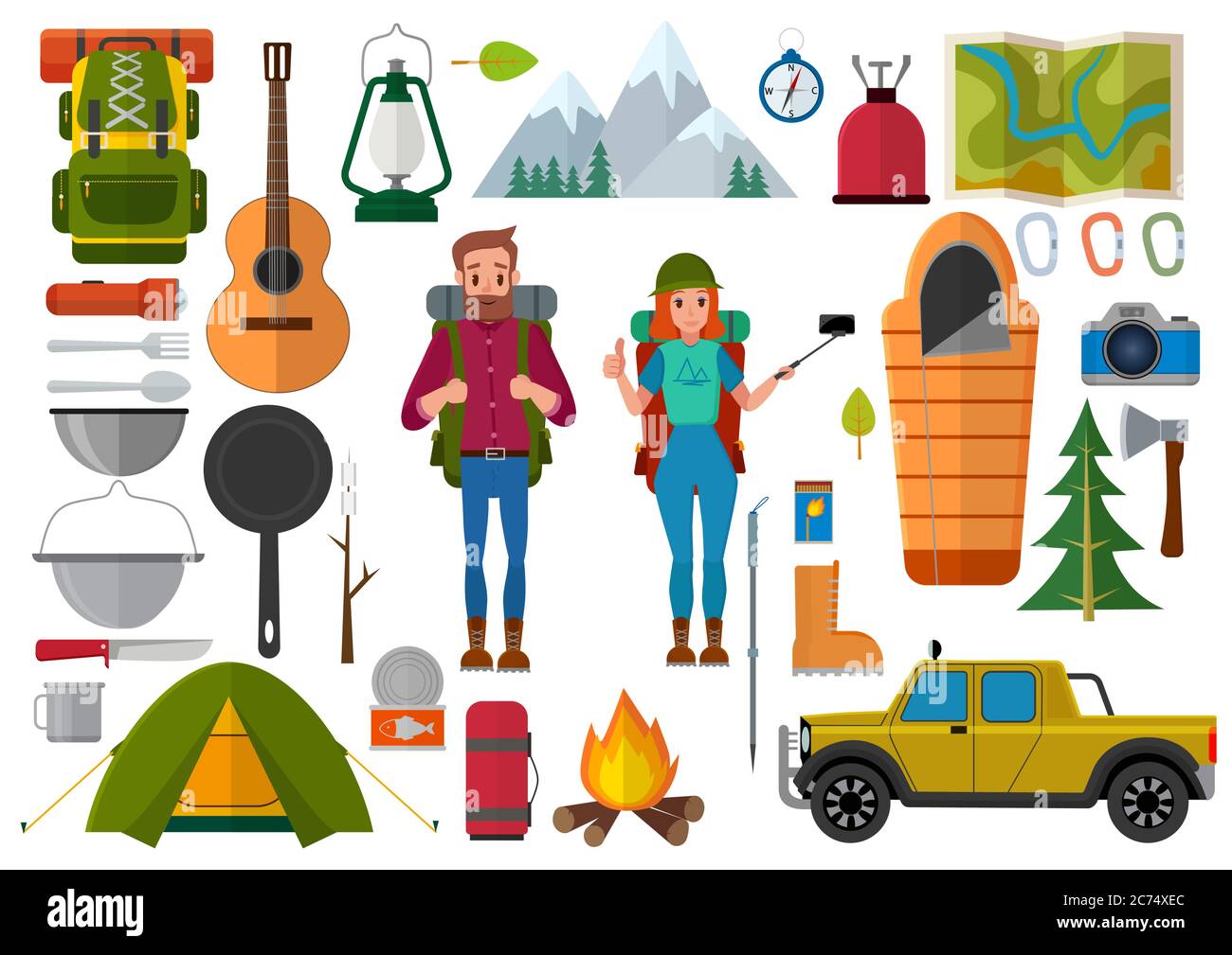Vector Set von Wanderern und Camping-Elemente. Sommer Hintergrund mit Camping-Ausrüstung flache Symbole Stock Vektor
