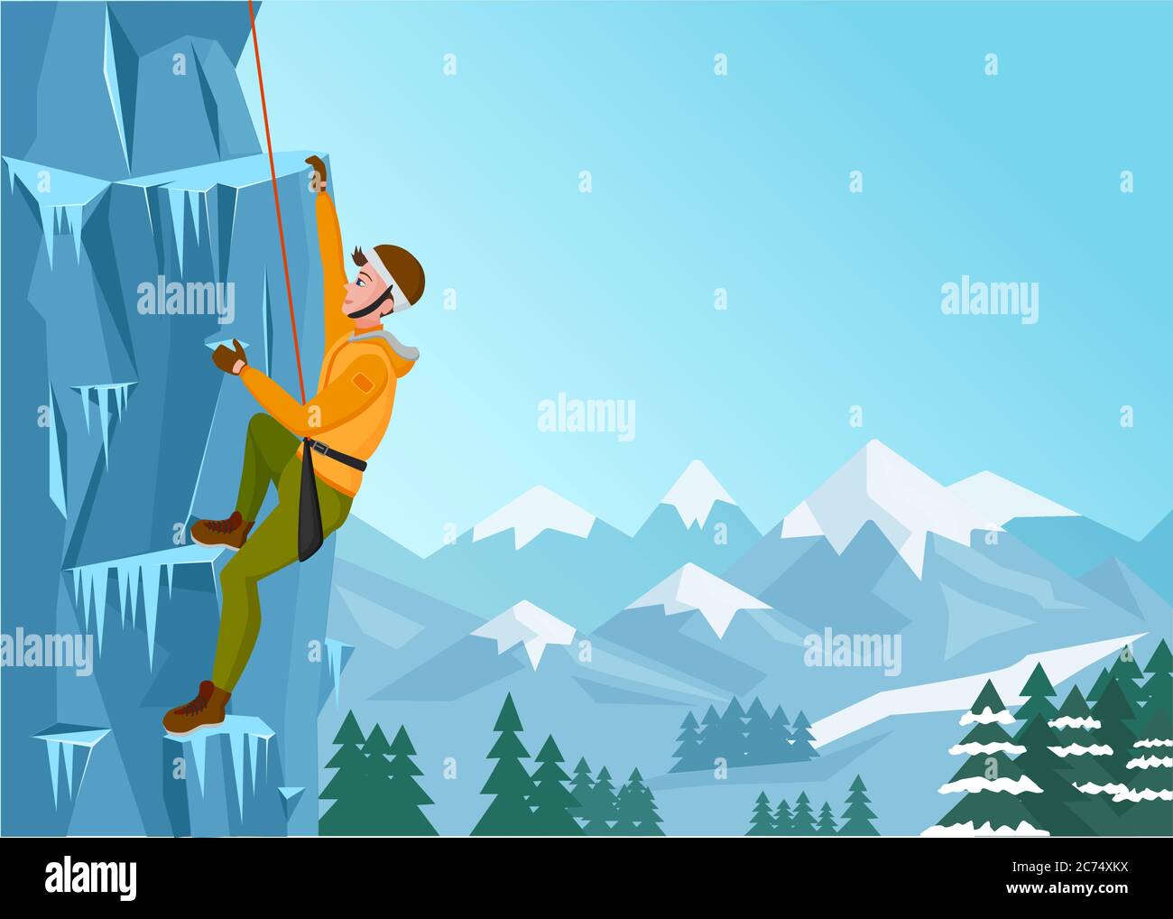 Kletterer Mann. Männchen auf dem Eisfelsen. Winter extreme Outdoor-Sportarten. Vektorgrafik Stock Vektor