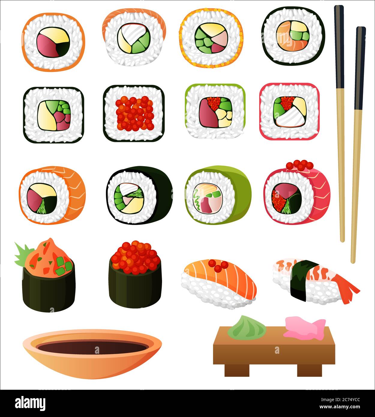 Sushi-Set mit Sojasauce und Essstäbchen. Vektorgrafik Stock Vektor