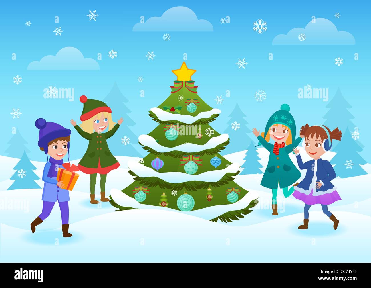 Lächelnde glückliche Kinder, die Spaß haben, am geschmückten Weihnachtsbaum im Winterwald zu stehen Stock Vektor