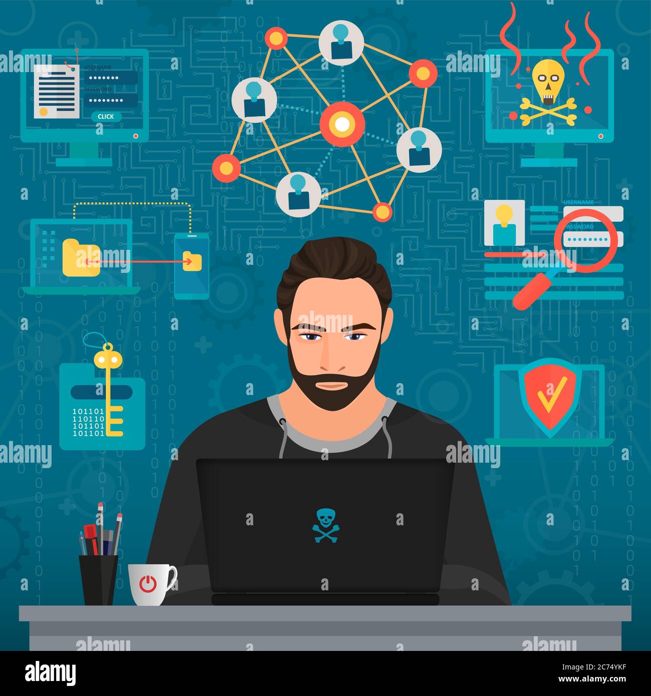 Vektor-Illustration von bärtigen Hacker nachdenklichen Mann denken am Tisch. Stock Vektor