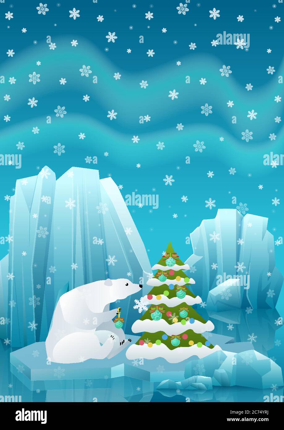 Vektor-Illustration von niedlichen Eisbären sitzen im Eis und Dekoration Weihnachtsbaum mit Ball. Winter arktische Eislandschaft mit Eisberg und Schneebergen Hügel Stock Vektor
