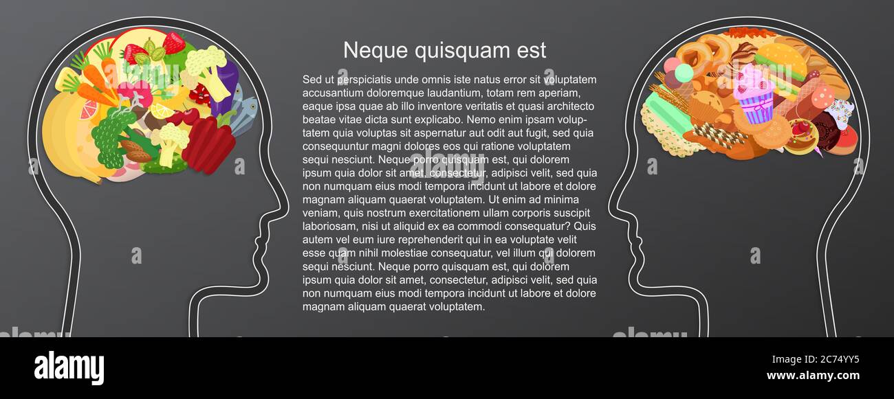 Gesundheit und ungesunde Lebensmittel Essen im Gehirn. Human Head Silhouette Diät Wahl gesunde Lebensweise Konzept. Stock Vektor