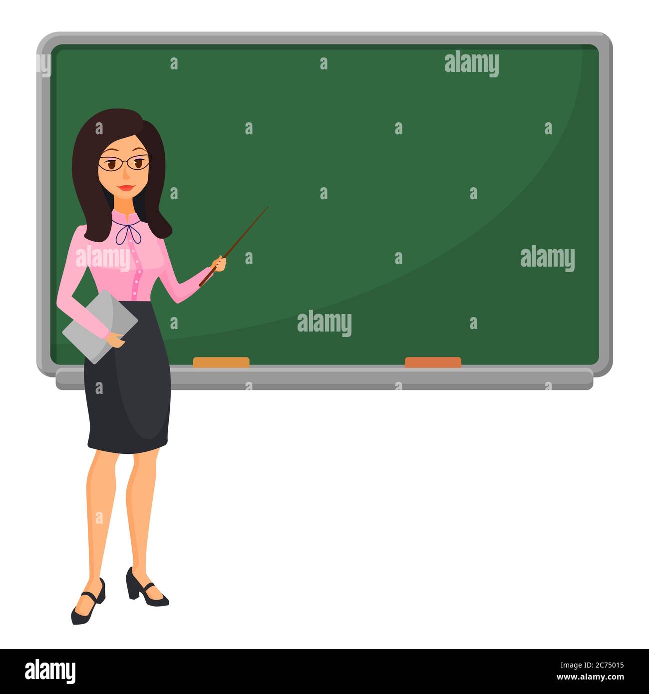 Junge Lehrerin in der Nähe von Tafel unterrichtet Schüler im Klassenzimmer in der Schule, Hochschule oder Universität. Flaches Design Cartoon Frau Charakter Stock Vektor