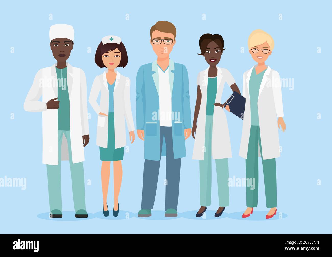 Vektor Cartoon Illustration des medizinischen Krankenhausteams, Ärzte und Krankenschwestern Zeichen. Medizinisches Konzept Stock Vektor