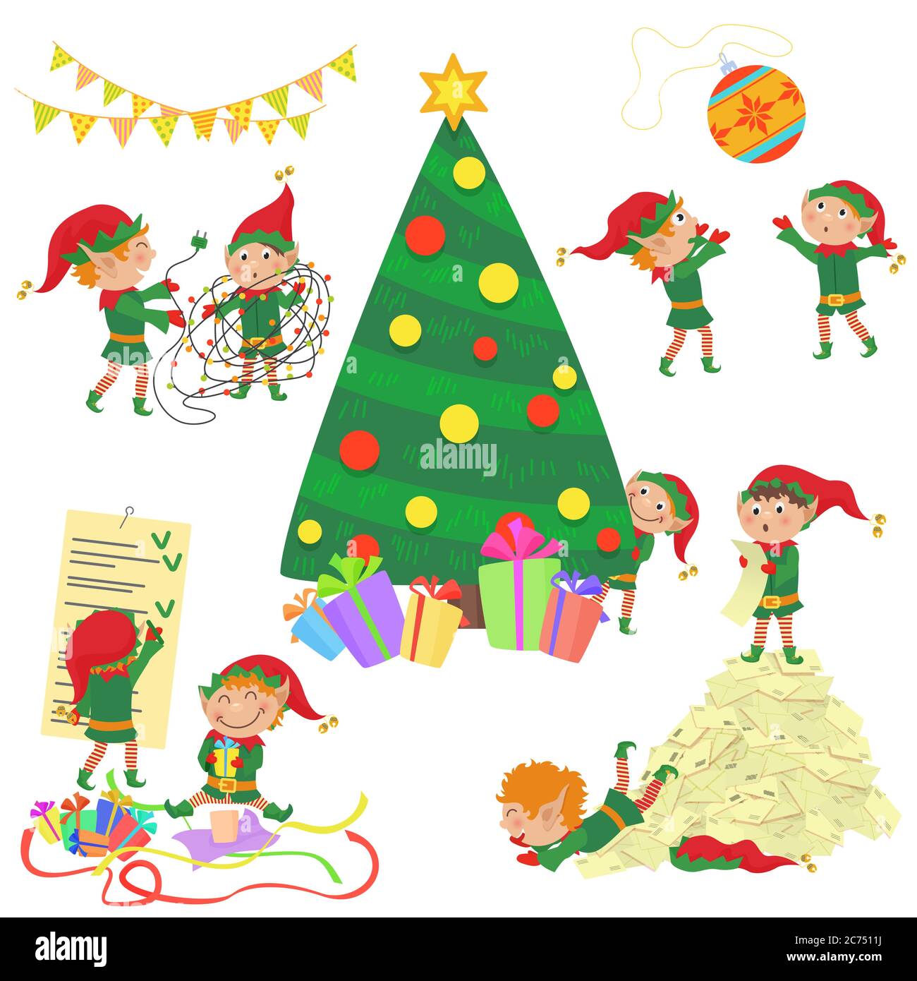 Vektor-Illustration von kleinen niedlichen Elfen Dekoration Weihnachtsbaum. Stock Vektor