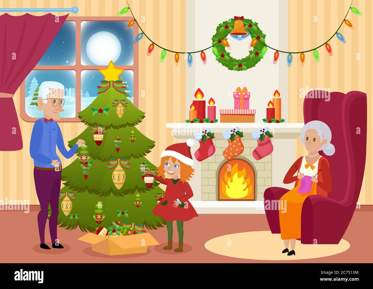 Vektor-Illustration von Enkelin und Großvater Dekoration Weihnachtsbaum, während Großmutter stricken. Stock Vektor