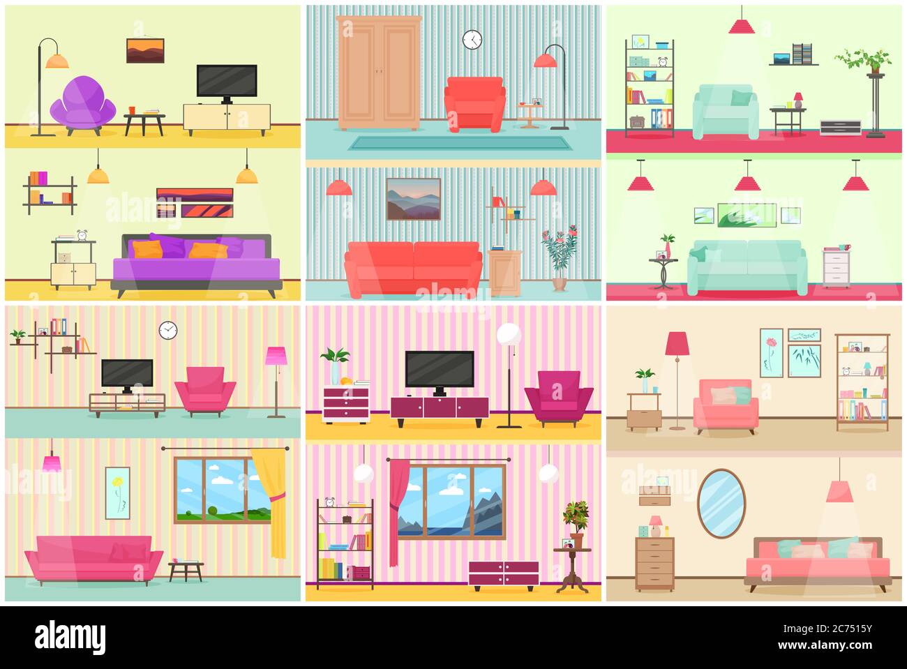 Vektor-Illustration von verschiedenen Innenräumen des Wohnzimmers Stock Vektor