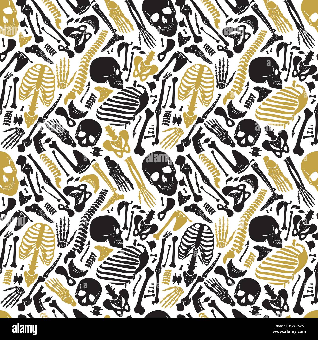 Vektor menschlichen Skelett schwarz golden Luxus nahtlose Muster mit Schädeln und anderen verschiedenen einzelnen menschlichen Teilen Knochen Stock Vektor