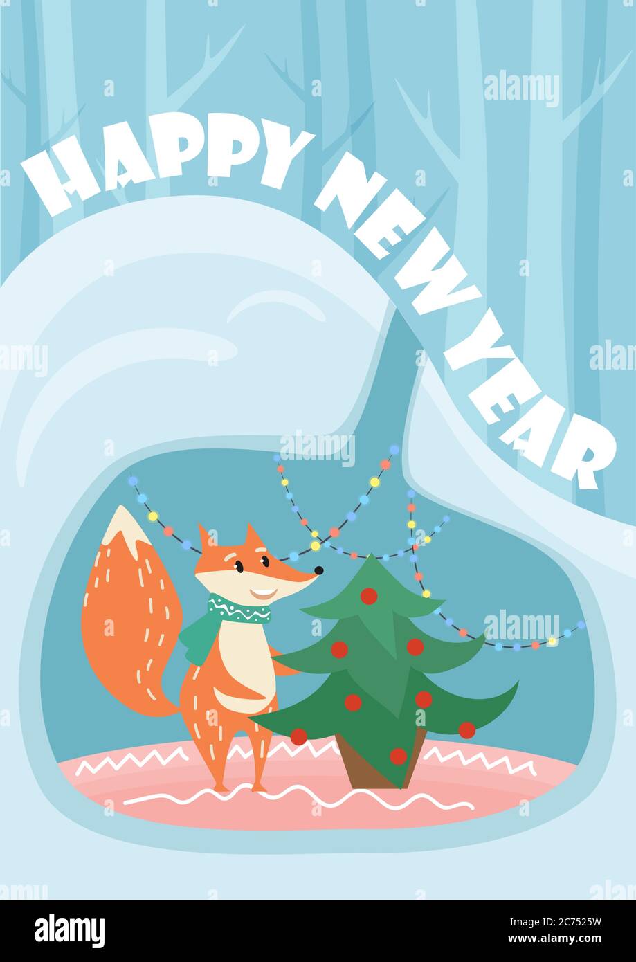 Neujahrskarte mit niedlichem Fuchs und verzierten Tannenbäumen im Lair Stock Vektor