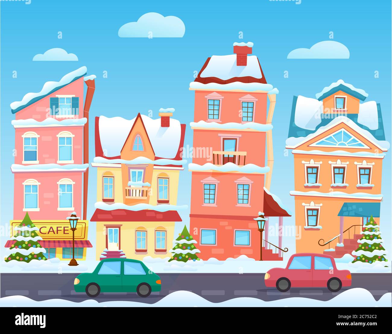 Winter Cartoon Stadtlandschaft. Weihnachten Hintergrund mit lustigen Häusern. Verschneite Stadt am Feiertagabend. Vektorgrafik Stock Vektor