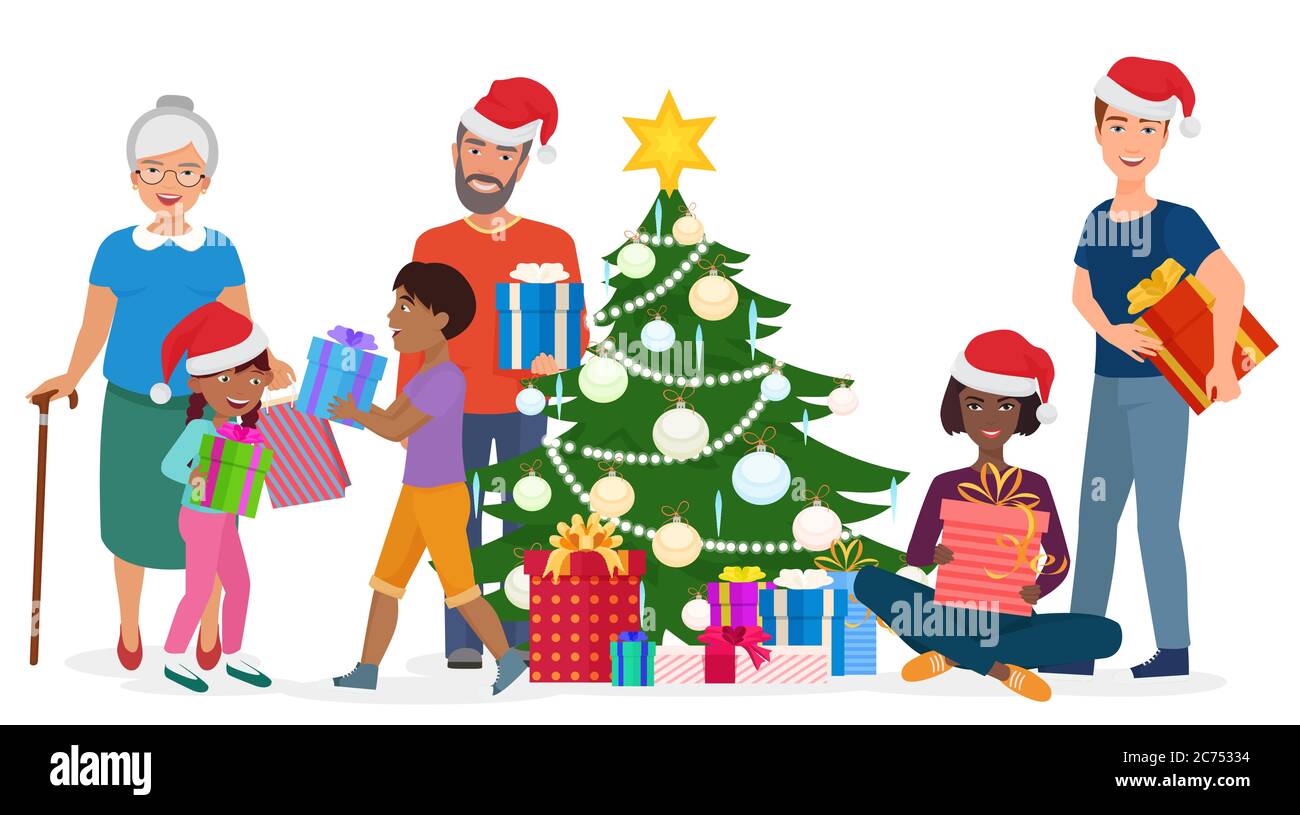 Vektor-Illustration von multirassischen Familie stehend und sitzend mit Geschenkboxen am Weihnachtsbaum Stock Vektor