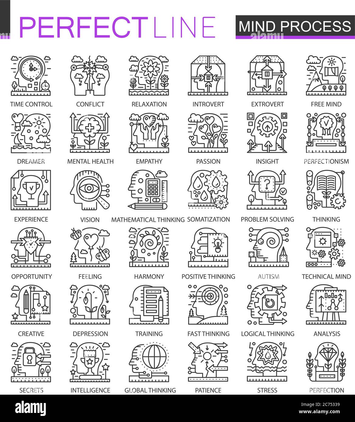 Mind Brain Prozess skizzieren Mini-Konzept Symbole. Fantasie und Geist macht modernen Strich linearen Stil Illustrationen Set. Perfekte dünne Linien Symbole Stock Vektor