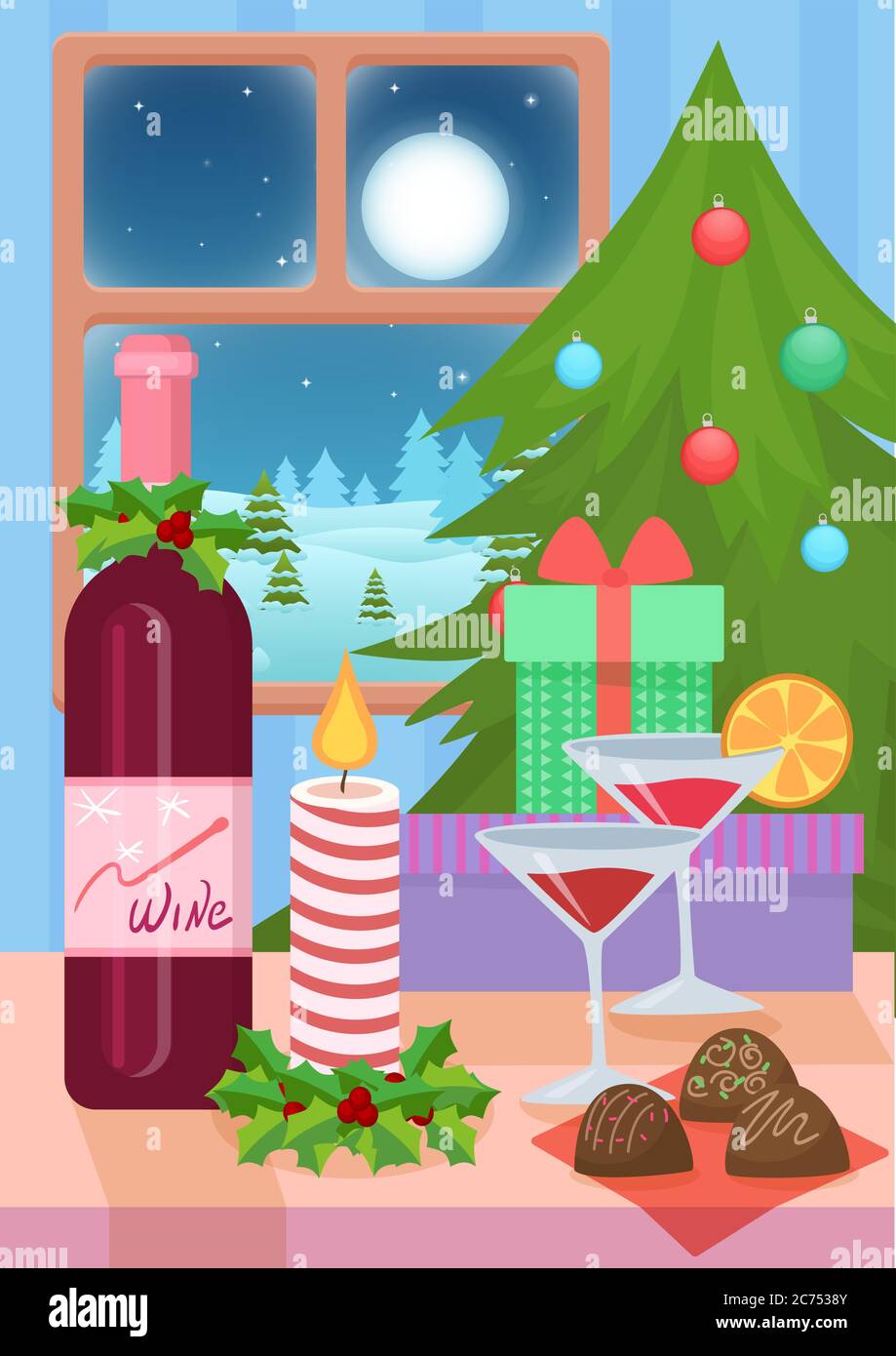 Vektor-Illustration der Tabelle für Weihnachten und Tannenbaum zu Hause serviert Stock Vektor