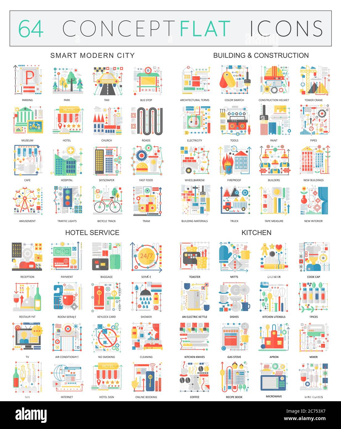 Infografiken Konzept Ikonen der Smart City, Bau, Hostel-Service, Küche. Premium-Qualität Vektor-flaches Design für Web-Grafiken isoliert. Stock Vektor