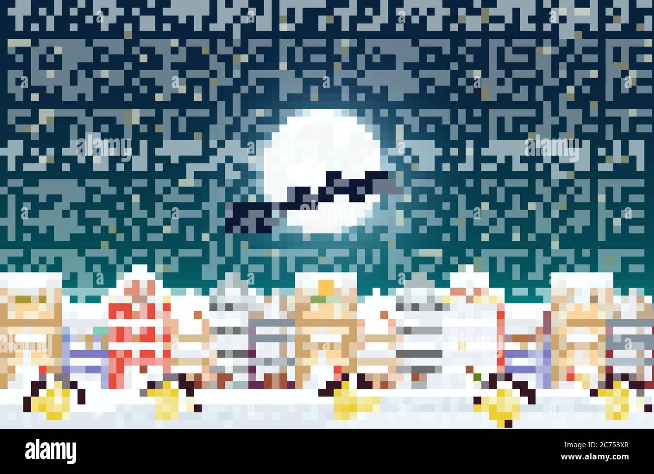 Der Weihnachtsmann fliegt über eine verzierte verschneite Altstadt nahe dem Mond am Heiligabend Stock Vektor