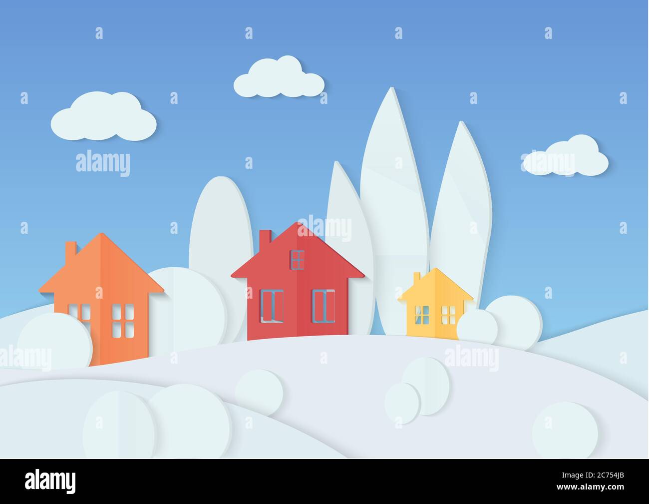 Vektor-Illustration von einfachen bunten Häusern in minimalen Bäumen mit Schnee bedeckt platziert. Winter weihnachten Dorf Karton Papier Landschaft. Haus, Berge und Wald Stock Vektor