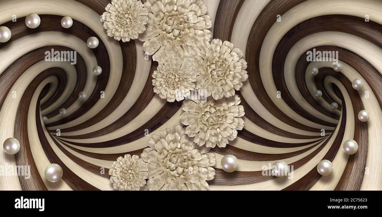 3d-Tapete, Schmuckblumen und Perlen auf optischem Illusions-Hintergrund Stockfoto