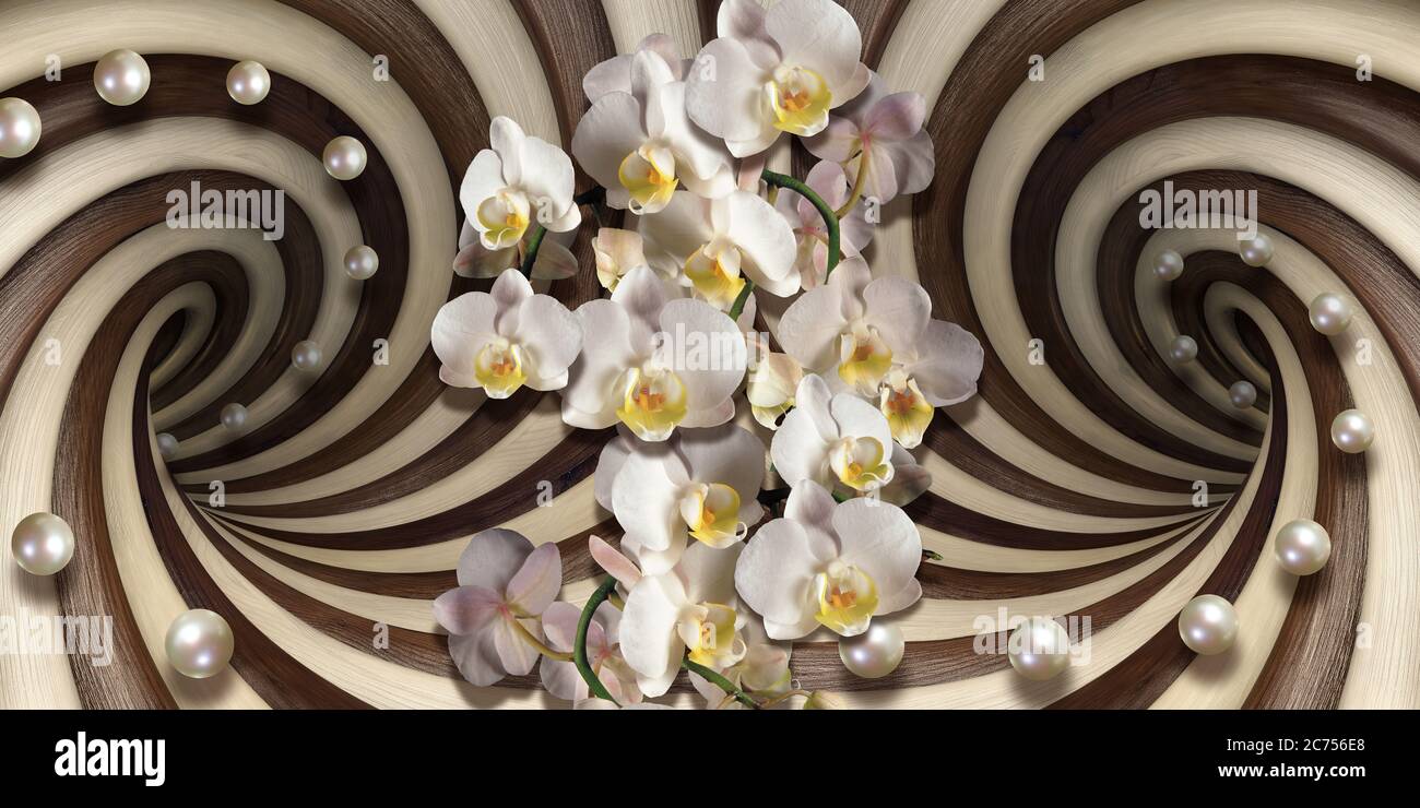 3d-Tapete, weiße Orchideen und Perlen auf optischem Illusions-Hintergrund Stockfoto