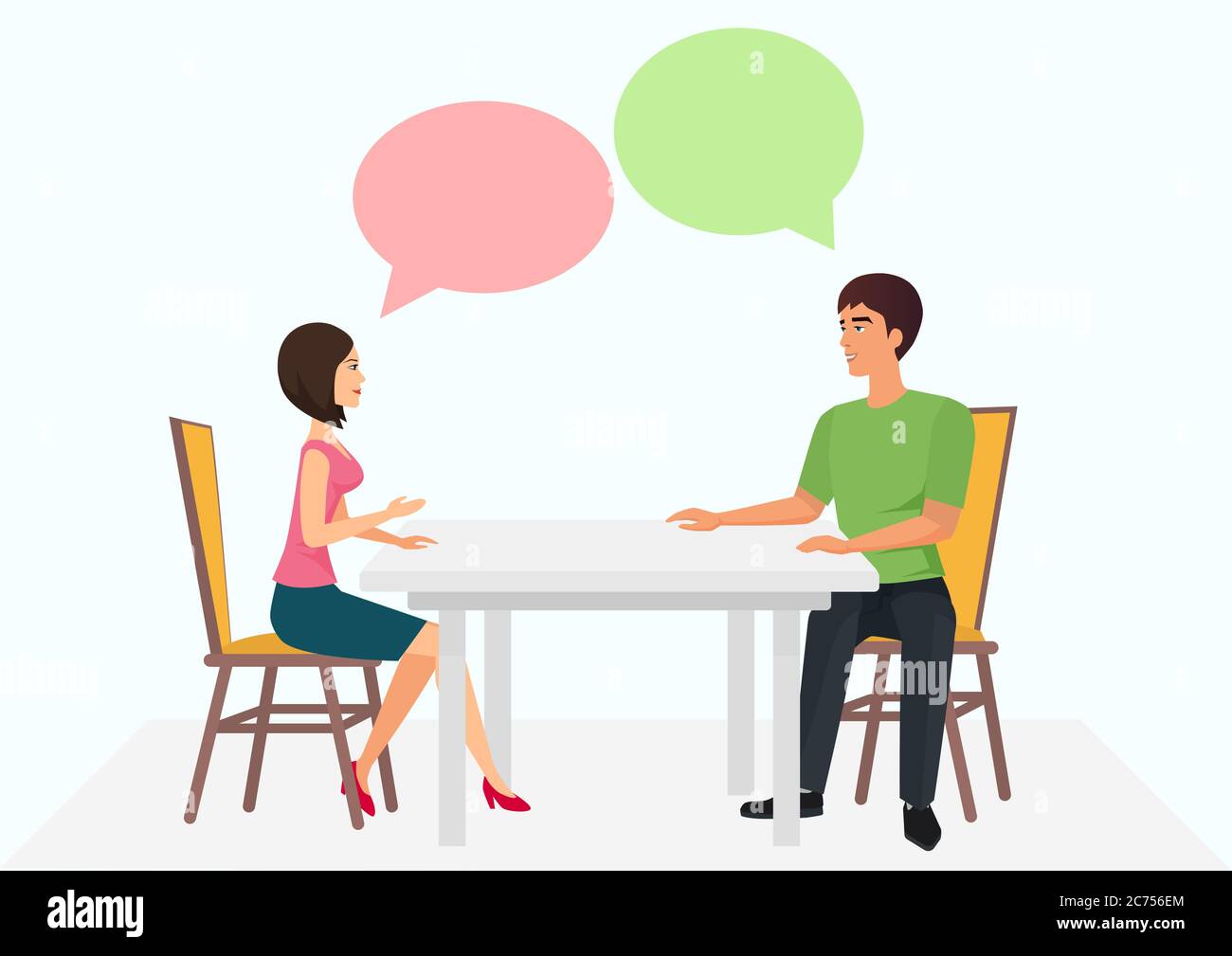 Frau und Mann sitzen am Tisch und unterhalten sich. Gespräche im Dialog Chats. Stock Vektor